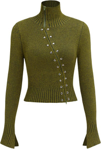 CIDER Zipper Cardigan Sweaters for Women Trendy Stand Collar Rivet Cardigans Split Long Sleeve Fall Winter