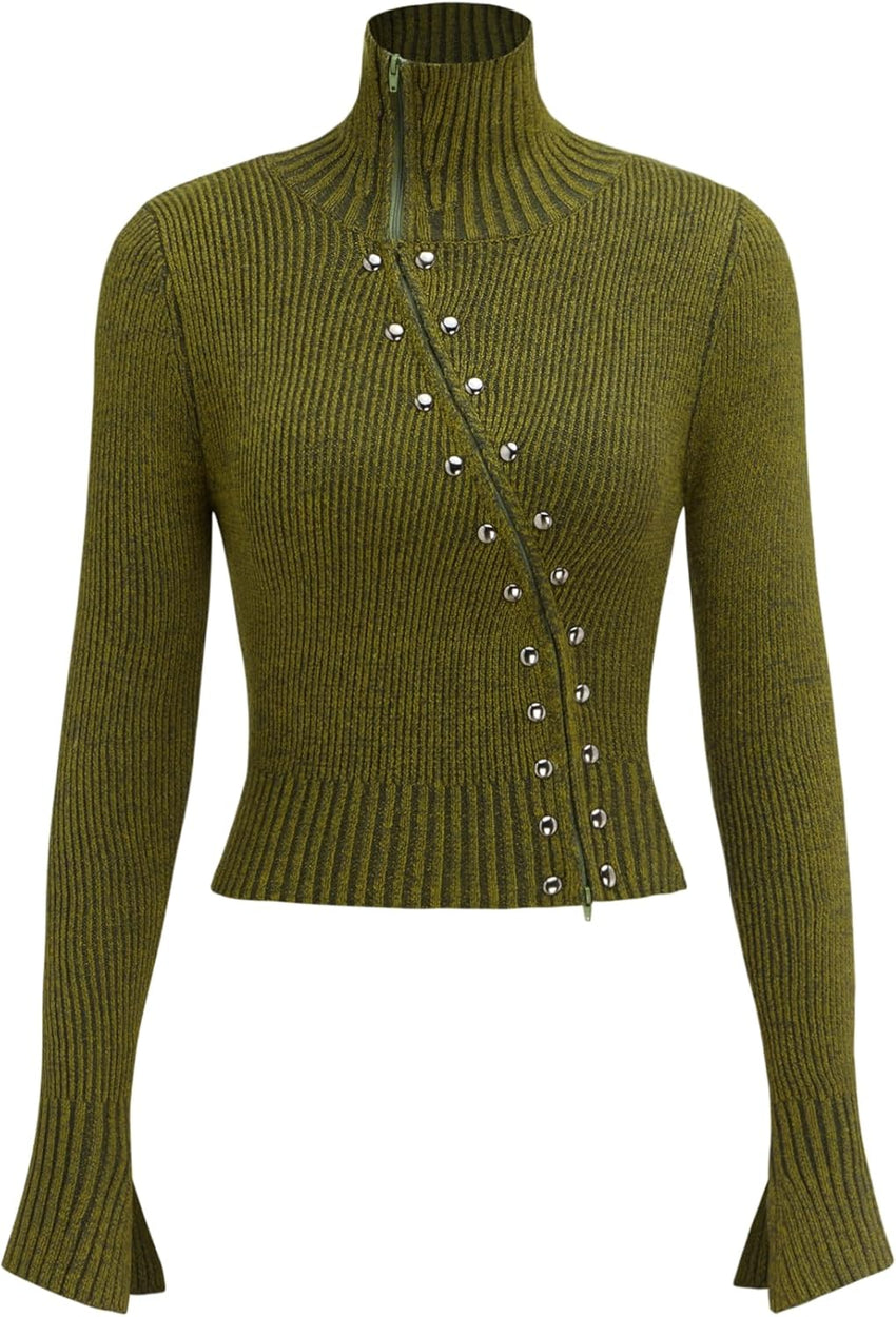 CIDER Zipper Cardigan Sweaters for Women Trendy Stand Collar Rivet Cardigans Split Long Sleeve Fall Winter