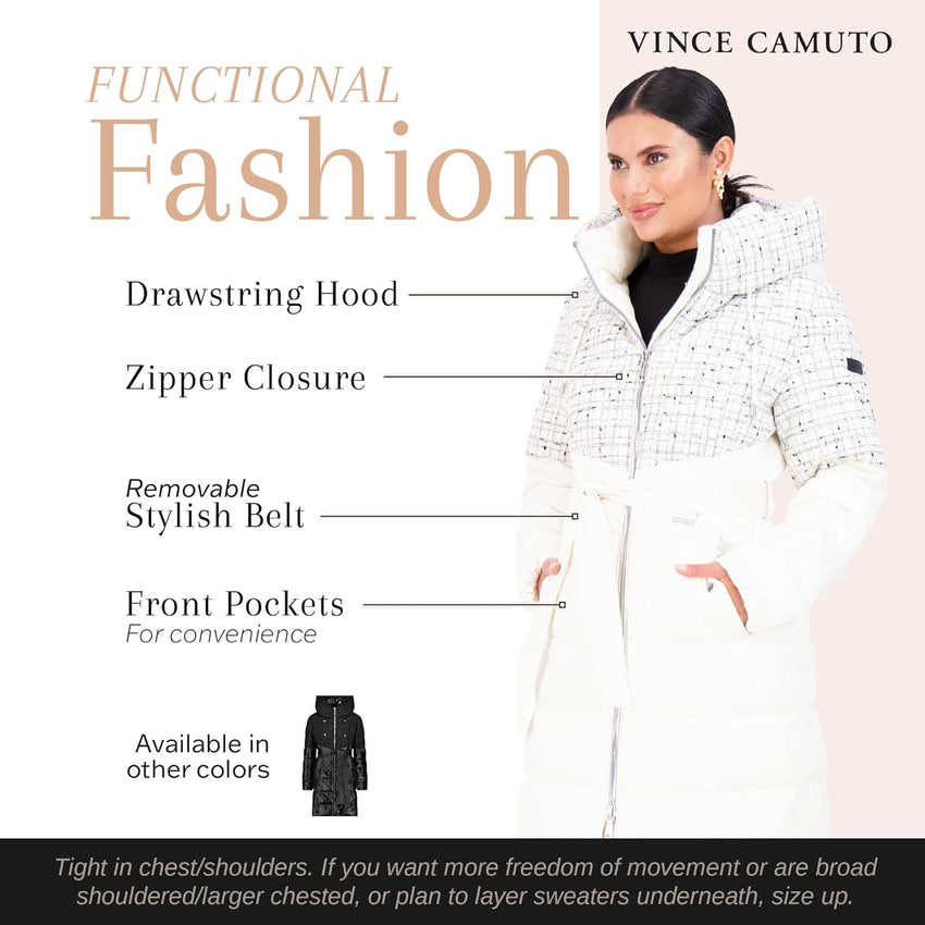 Vince Camuto Hooded Women's Puffer Jacket Womens Winter Coat with Removable Belt