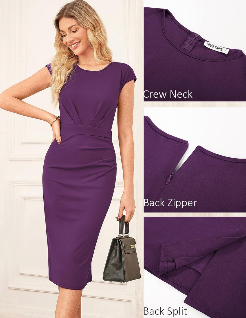 GRACE KARIN Women's Wear to Work Dresses 2025 Cap Sleeve Sheath Bodycon Midi Dress Ruched Business Office Pencil Dress