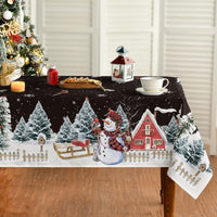 Horaldaily Christmas Tablecloth 60×84 Inch, Winter Snowman House Christmas Trees Red Washable Table Cover for Party Picnic Dinner Decor