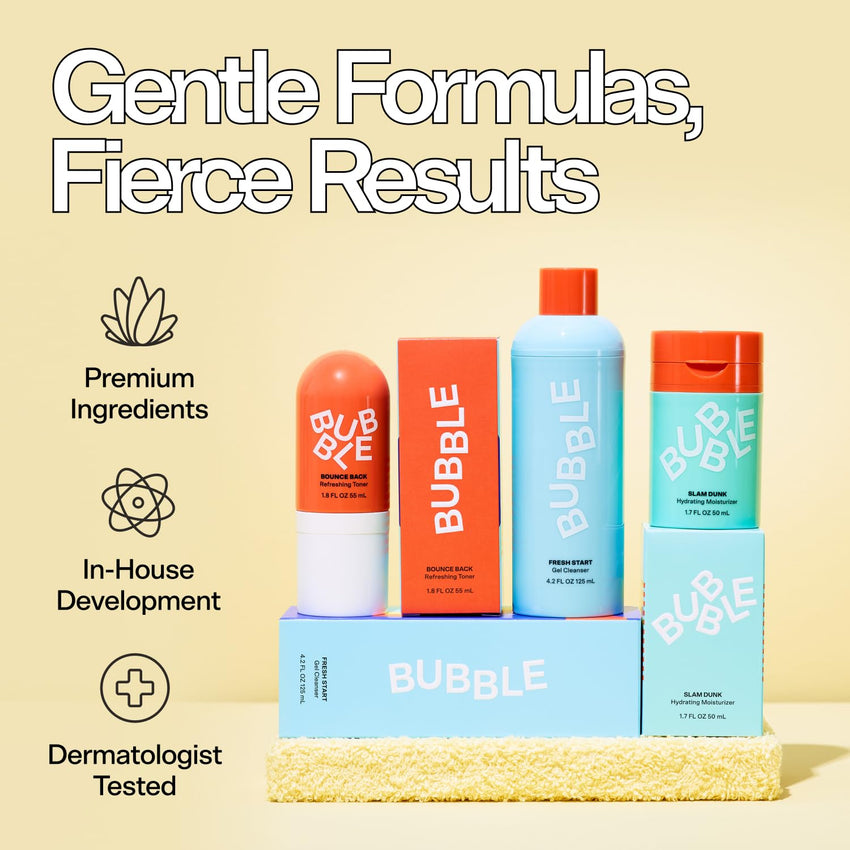 Bubble Skincare Silky Season 3-Step Hydrating Skin Care Set - Travel Size Skincare for Dry Skin - Soft Launch Cream Cleanser, Bounce Back Hydrating Toner Spray & Slam Dunk Moisturizer (3 Count)