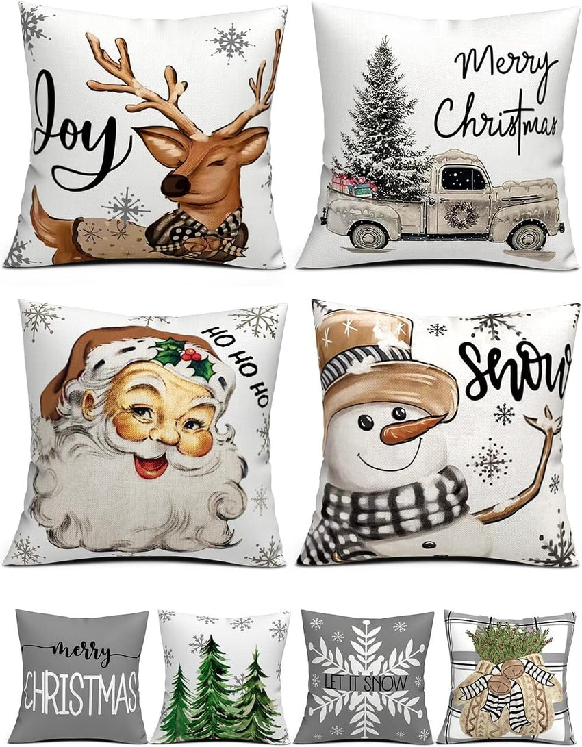Christmas Decorations Set of 4 Double-Sided Print Christmas Pillow Covers 18" x 18", with 8 Cute Patterns, Throw Pillow Covers Perfect for Home Christmas Decor