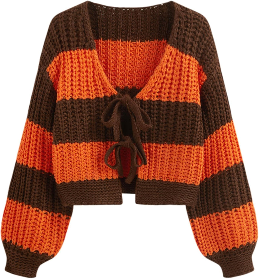 CIDER Striped Sweater Women V Neck Tie Front Knit Cardigan Oversized Trendy Sweaters for Women Fall