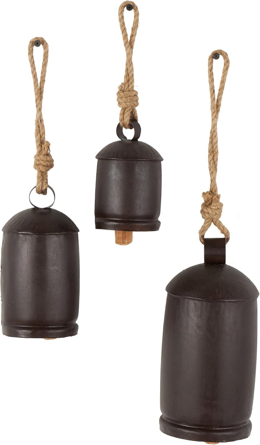 Deco 79 Gold Metal Tibetan Inspired Decorative Giant XL Cow Bells with Jute Hanging Rope, Set of 3 10",8",6"H - Cylindrical