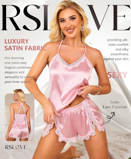 RSLOVE Women Pajama Set Sleepwear - Satin Pajamas Silk V Neck Cami and Shorts Pjs 2 Piece Womens Sexy Lace Lounge Nightwear