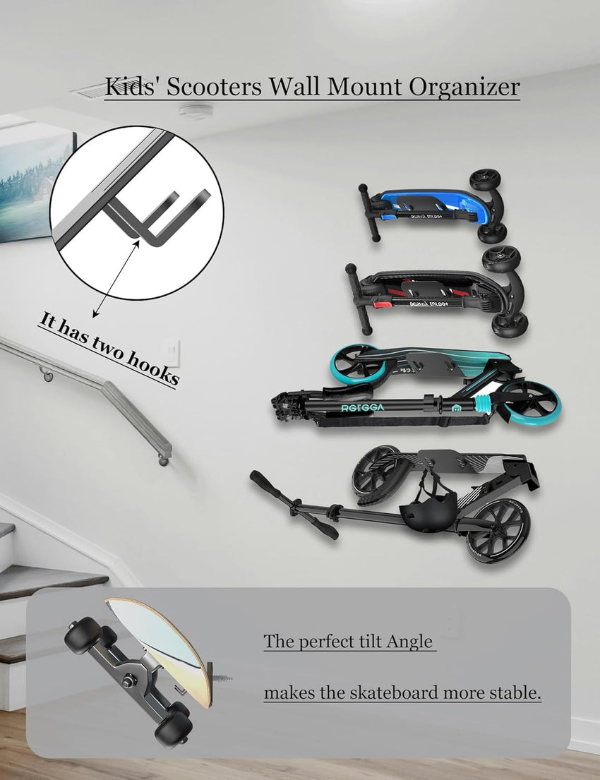 NOTMBESTM Wall Mount Holder for Skateboard/Snowboard/Longboard, Skate Deck Wall Mount Fit for Scooters/Skis Wall Hanger Display, Skateboard Shelf Rack 2.0mm Thick Metal Heavy-Duty with Hooks