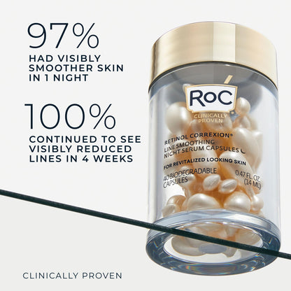 RoC Retinol Correxion Anti-Aging Wrinkle Night Serum, Retinol Serum for Face, Daily Treatment for Fine Lines, Post Acne Scars, 30 Capsules, Unscented, 0.35 Fl Oz