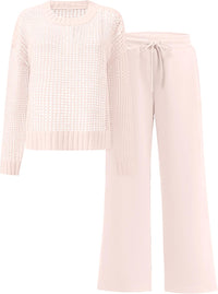 ANRABESS Womens 2 Piece Outfits Crochet Sheer Knit Sweater Top Wide Leg Pants Lounge Sets Sweatsuit 2025 Fall Travel Clothes