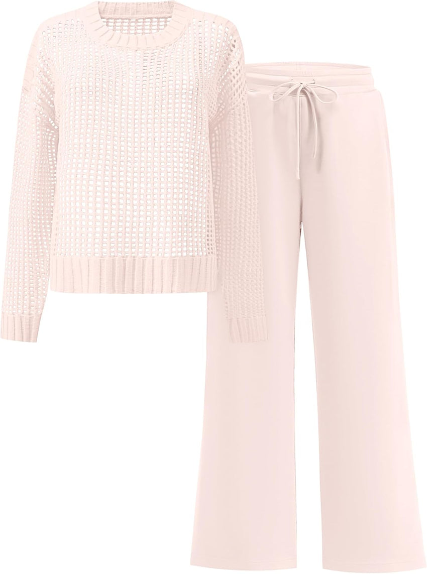 ANRABESS Womens 2 Piece Outfits Crochet Sheer Knit Sweater Top Wide Leg Pants Lounge Sets Sweatsuit 2025 Fall Travel Clothes