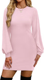 OFEEFAN Sweater Dresses for Women 2025 Fall Winter Puff Long Sleeve Crewneck Bodycon Fleece Ribbed Pullover Fashion Clothing