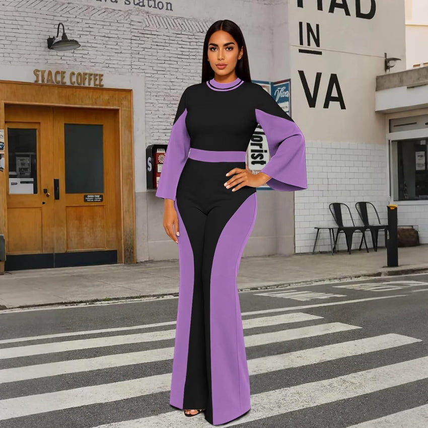 WXN Two Piece Sets for Women Going Out Long Flared Sleeve Colorblock Crop Top Wide Pants Set Brunch Outfits