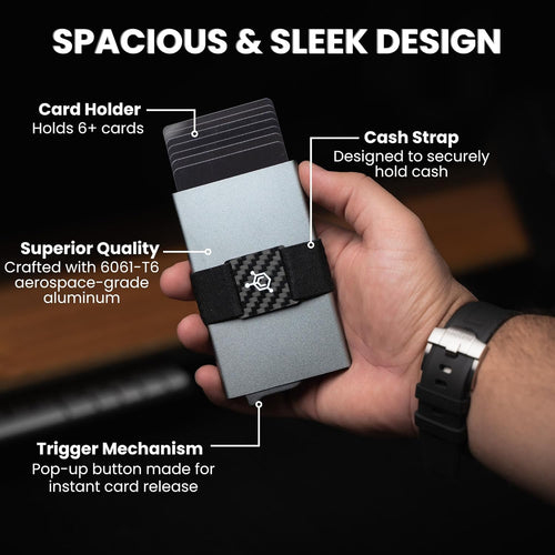 CODE 118 Wallet - Premium Automatic Smart Wallet, RFID Blocking, Pop Up Mens Minimalist Metal Wallet, 6061-T6 Aerospace-Grade Aluminum, Genuine 3K Carbon Fiber (Classic, Slate Grey)