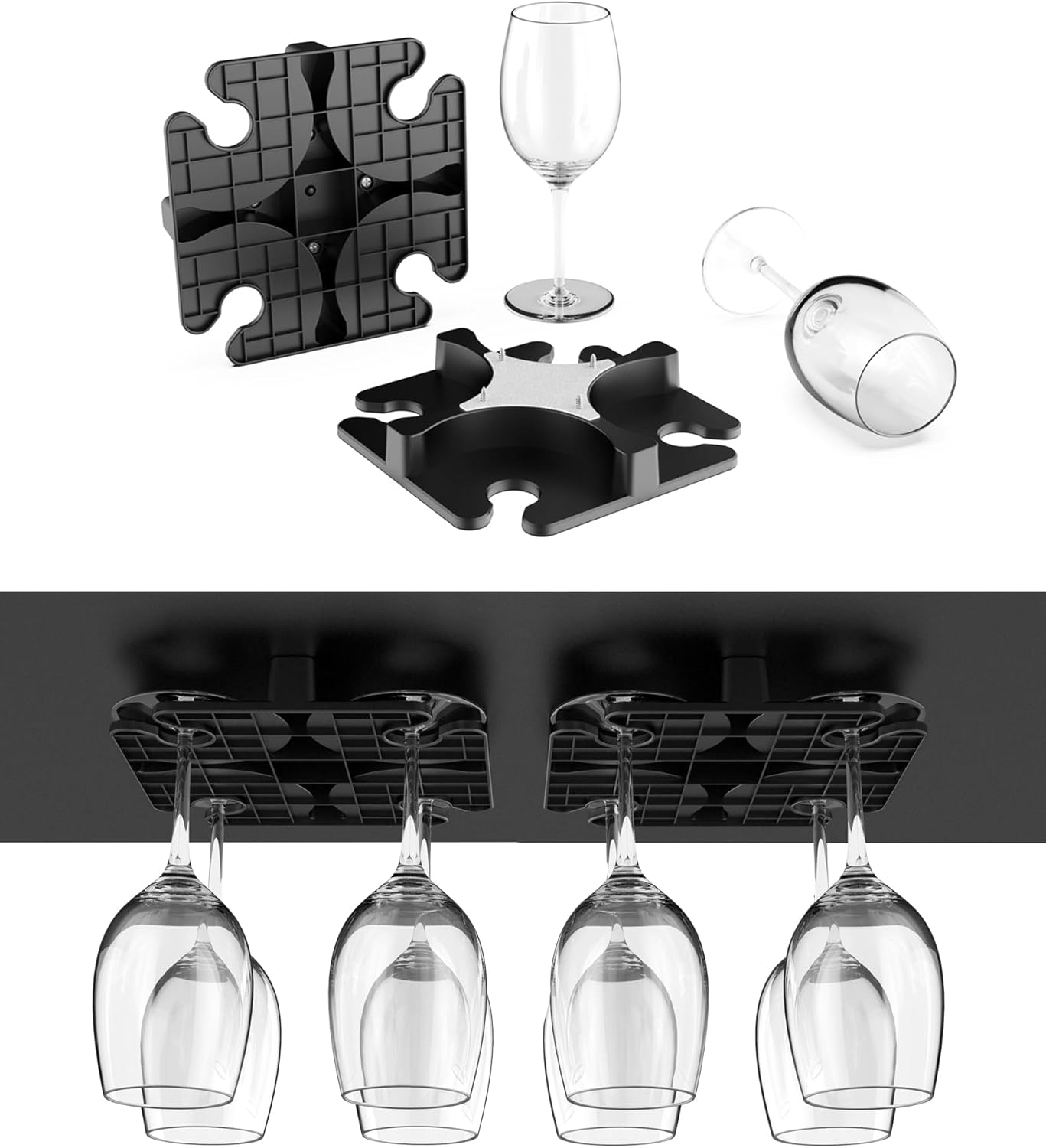 NOTMBESTM Wine Glass Holder Under Cabinet, Wine Glass Rack Fit for Storing wine glasses Under Shelf, Table, Desk, Bar Counter, Stemware Rack Fixed by Screw or Adhesive (Black)