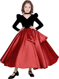 Long Sleeve Velvet Flower Girl Dresses A Line Crystal Satin Formal Dresses for Christmas