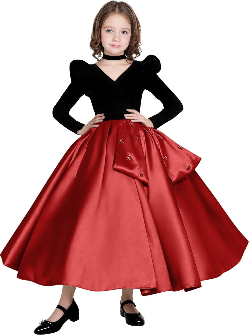 Long Sleeve Velvet Flower Girl Dresses A Line Crystal Satin Formal Dresses for Christmas