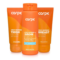 Carpe Women's Sweat Bundle Deal (1x Breast Sweat Absorbing Lotion, 1x Thigh Chafe Lotion, 1x Groin Powder) Women's Deodorant - Helps Absorb Excessive Sweat w/Odor Protection for Sensitive Lady Parts