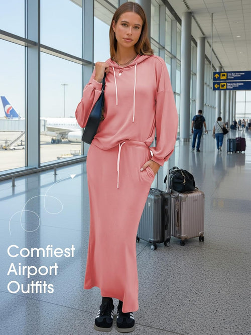 EXLURA Women 2 Piece Outfits Fall Airport Long Sleeve Hoodies Matching Long Skirt Dress Sweatsuits Lounge Sets Winter 2025