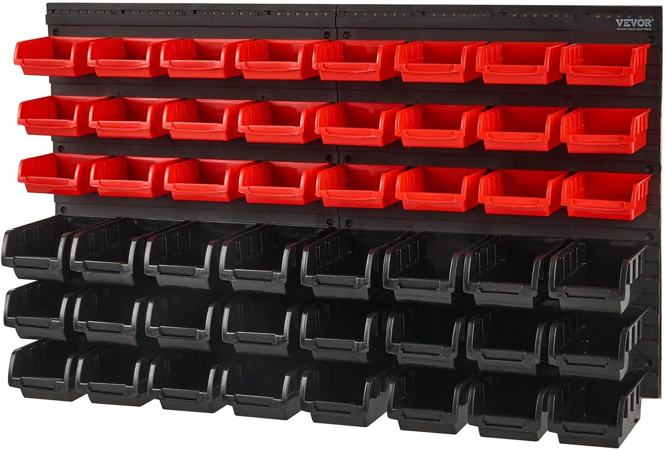 VEVOR Wall Mounted Storage Rack System, 30-Bin Parts Rack Organizer with Wall Panels/Tool Holders/Hooks, Garage Plastic Shop Tool Organizer for Nuts, Bolts, Screws, Nails, Beads, Buttons