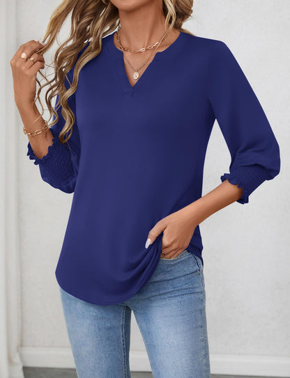 LOMON Blouses for Women Dressy Casual 3/4 Sleeve Tops for Women V Neck T Shirt Ladies Tops and Blouses Orange Blue Print L
