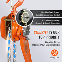 VEVOR Manual Lever Chain Hoist, 1-1/2 Ton 3300 lbs Capacity 10 FT Come Along, G80 Galvanized Carbon Steel with Weston Double-Pawl Brake,Auto Chain Leading & 360° Rotation Hook, for Garage Factory Dock
