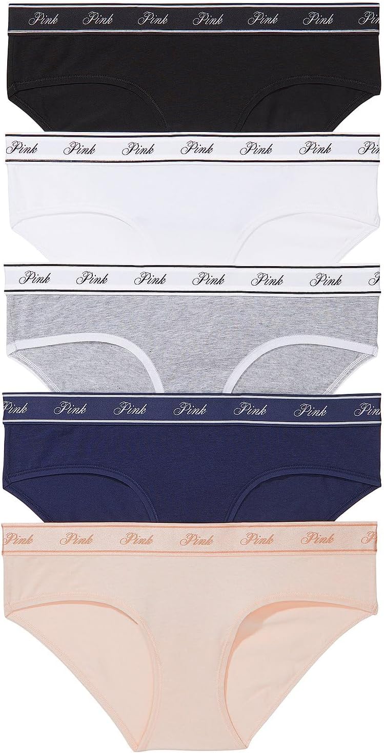 Victoria's Secret PINK Women's Cotton Logo Hipster Underwear, Moderate Coverage Panties for Women, Multi Pack (XS-XXL)