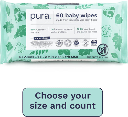 Pura Natural Sensitive Baby Wipes, 99% Water, Unscented & Hypoallergenic, Suitable for Sensitive & Eczema-prone Skin, Hypoallergenic, EWG Verified, 10 Pack of 60 Wet Wipes (600 Diaper Wipes) Bulk Buy