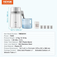VEVOR Water Distiller, 1.1 Gal Distilled Water Machine, 750W Pure Water Distilling w/BPA Free Plastic Container, Water Distillation Kit w/Button, Countertop Distilled Water Maker for Home, White