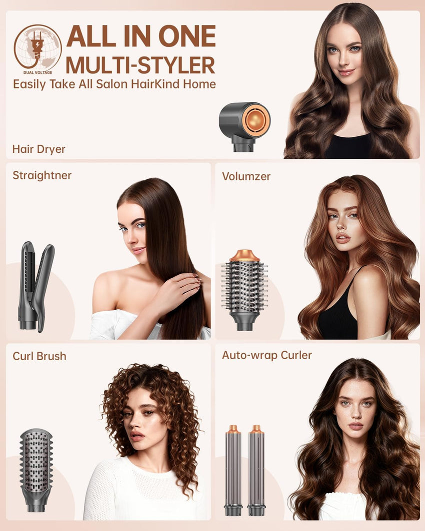 Hair Dryer Brush Air Styler: Dual Voltage 7 in 1 Ionic Multi Styling Tools with Hot Air Straightener, Auto Wrap Curlers, Frizz-Free Volumizer, Fast Blow Drying Curling Straightening and Smoothing