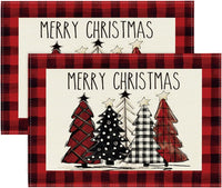 Artoid Mode Waterclor Buffalo Plaid Christmas Trees Placemats Set of 4, 12x18 Inch Winter Table Mats for Outdoor Home Party Kitchen Dining Decor