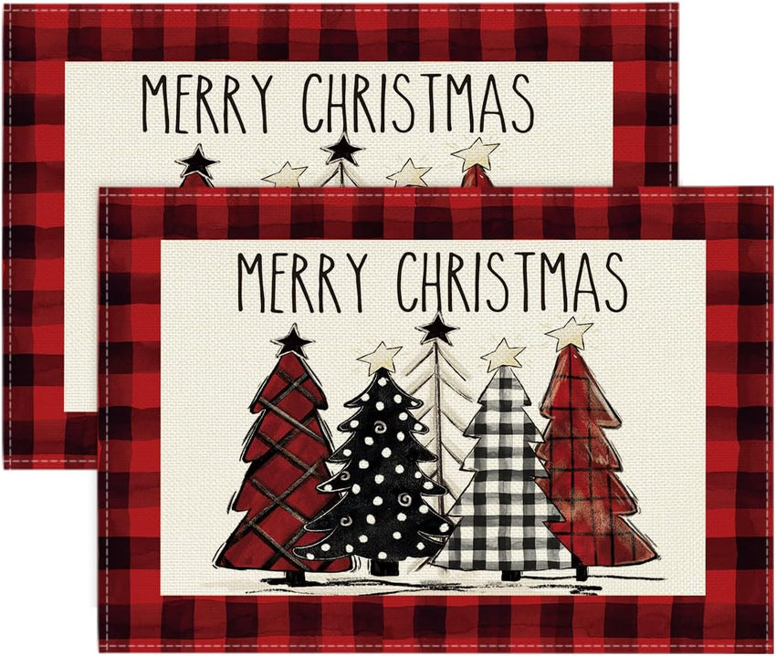 Artoid Mode Waterclor Buffalo Plaid Christmas Trees Placemats Set of 4, 12x18 Inch Winter Table Mats for Outdoor Home Party Kitchen Dining Decor