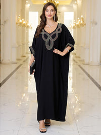 Women V Neck Embroidery Kaftan Dress Loose Casual Beach Cover Up Long Caftans Maxi Dresses
