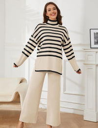Tanming Women's Sweater Sets Long Sleeve Striped Jumper Tops Casual Knit Wide Leg Pants Sets