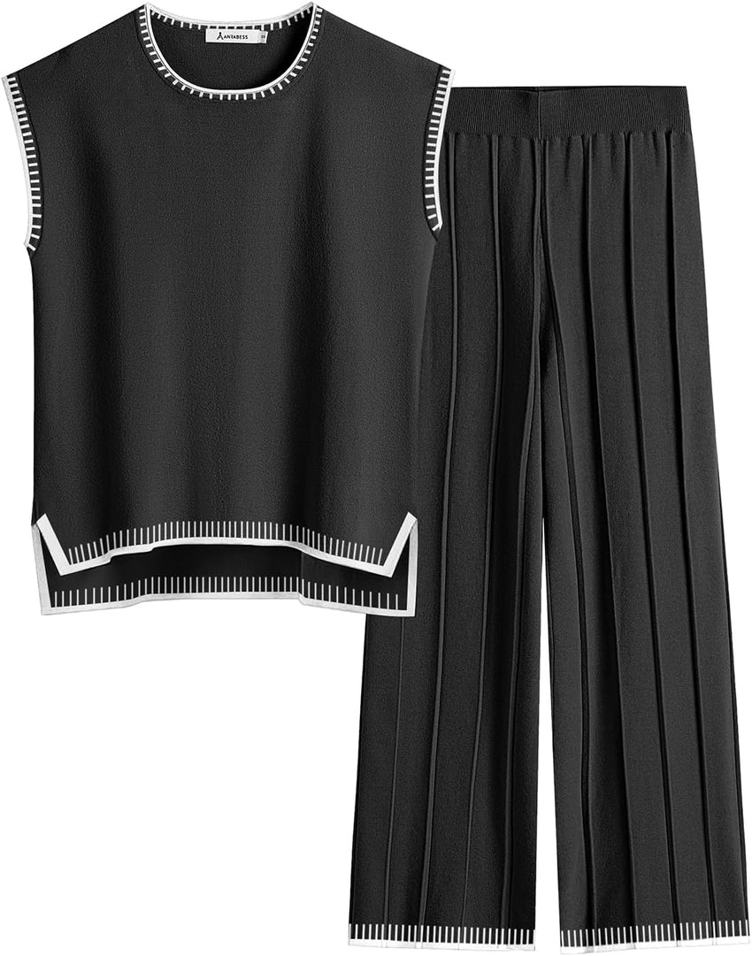 ANRABESS Women 2 Piece Lounge Sets Summer Casual Knit Sweater Vest Pant Set Beach Vacation Airport Clothes 2025 Fall Outfits