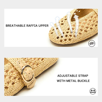 Woven Ballet Flats Women Mesh Raffia Flats Round Toe Mary Janes Comfortable Ballerina Flat Shoes