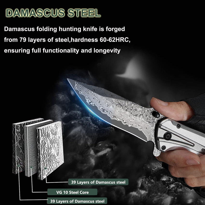 Damascus Pocket Knife for Men, Folding Knife Outdoor Tactical Knives for Hunting Fishing Camping, 3.7" Handmade Damascus Steel Blade, Liner Lock, Christmas Gifts for Men Women Dad Husband Boyfriend