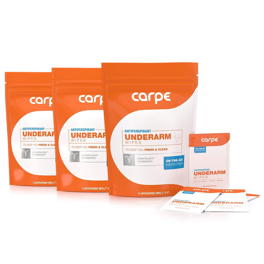 Carpe Antiperspirant Underarm Wipes for Sweat Blocking, Deodorizing, and Cleansing When You’re On the Move - 15 Residue Free, Individually Wrapped Wipes - Clean and Refreshing Scent