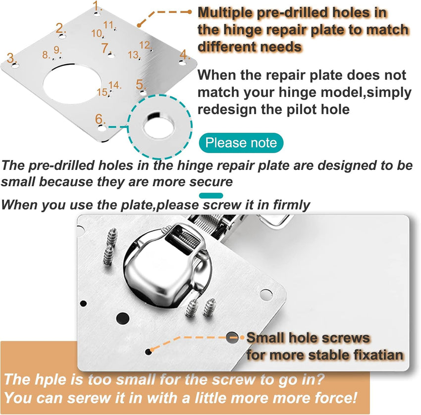 7DAY'S 6 PCS Cabinet Hinge Repair Plate, Hinges Repair Fixing Plates, Stainless Steel Cabinet Repair Board, Kitchen Cupboard Door Hinge Repair Brackets Kit, Cabinet Fixing Plate Bracket with Mounting Screw