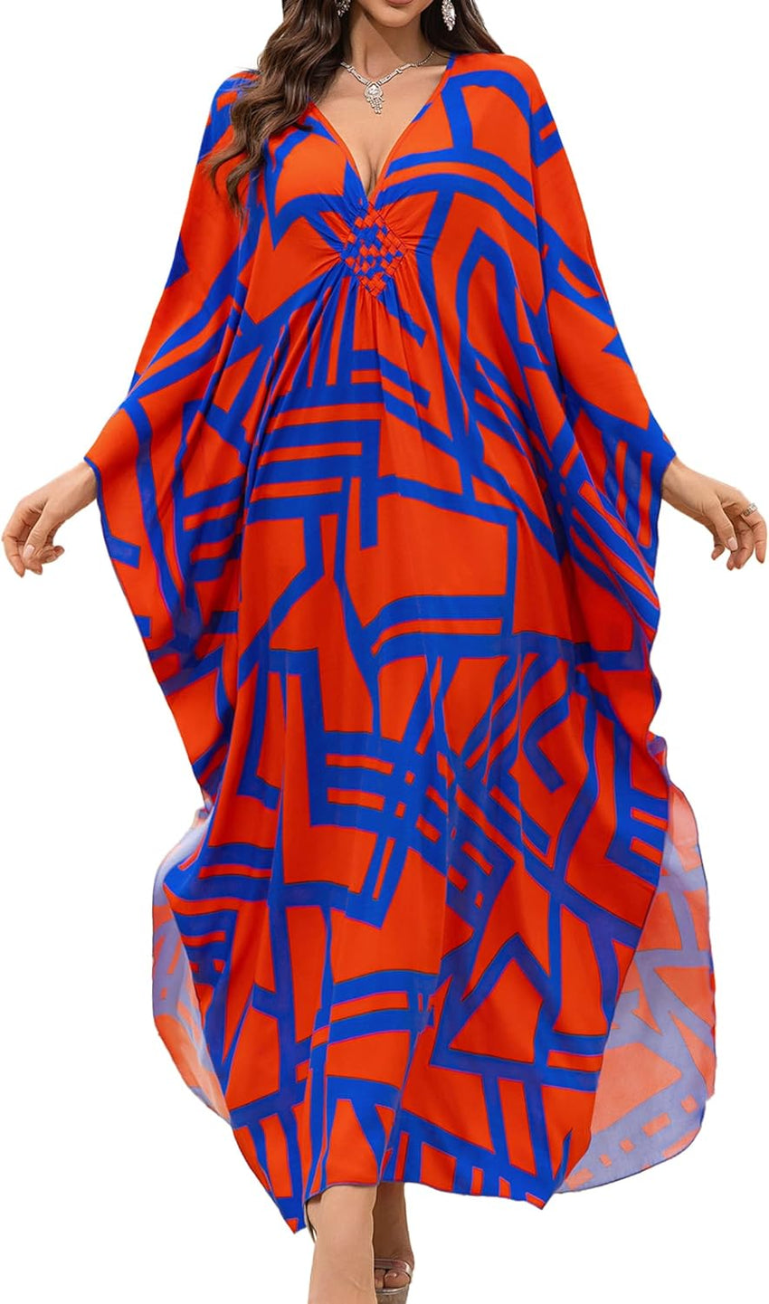 Women Kaftan Dresses Plus Size V-Neck Batwing Sleeves Beach Cover Up 2025 Summer Floral Print Caftan Dress