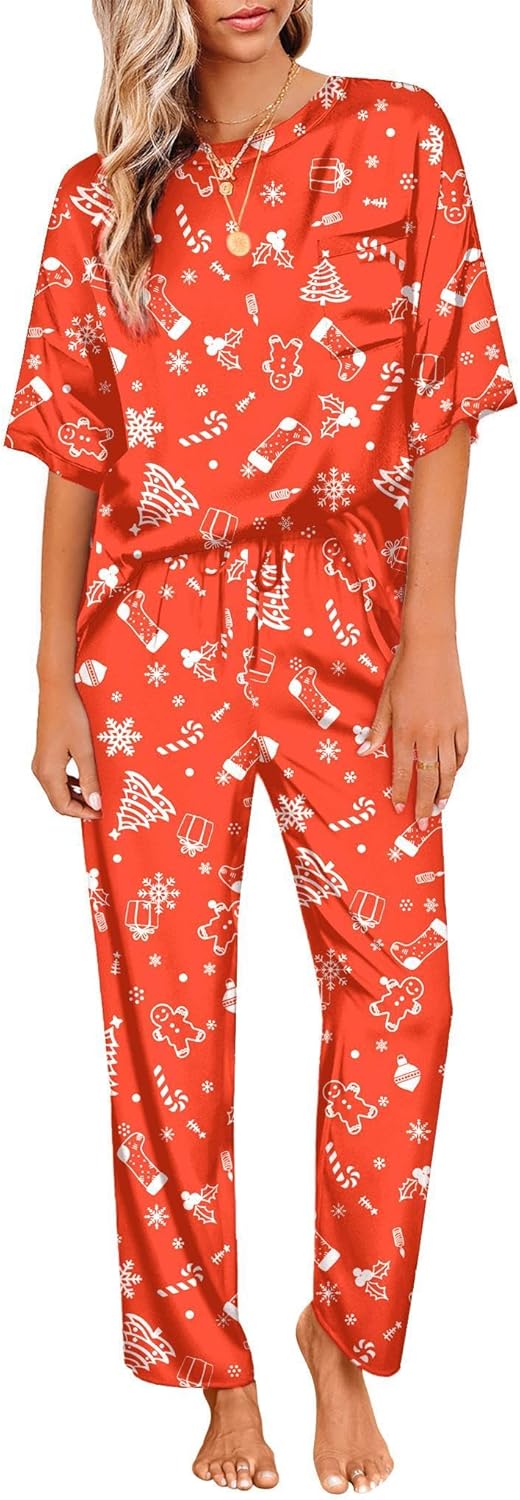 Ekouaer Womens Satin Silky Pajama Set Short Sleeve Shirt with Long Pajama Pant Set Soft PJ Loungewear