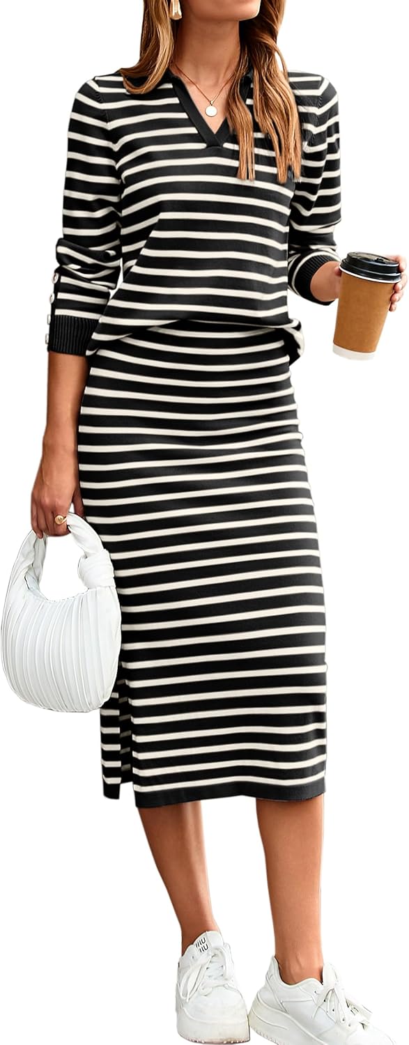 Glamaker Womens 2 Piece Skirt Sets Striped Sweater Dress Casual Polo Neck Knit Long Sleeve Midi Dresses Fall Fashion Outfits