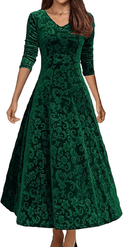 Women's Velvet Midi Dresses Floral Print Long Sleeve V Neck Formal Wedding Guest Fall Winter Dress