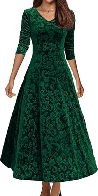 Women's Velvet Midi Dresses Floral Print Long Sleeve V Neck Formal Wedding Guest Fall Winter Dress