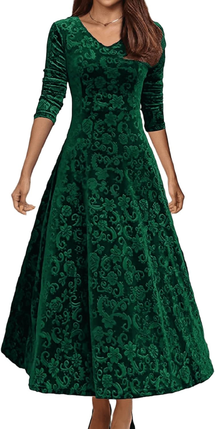 Women's Velvet Midi Dresses Floral Print Long Sleeve V Neck Formal Wedding Guest Fall Winter Dress