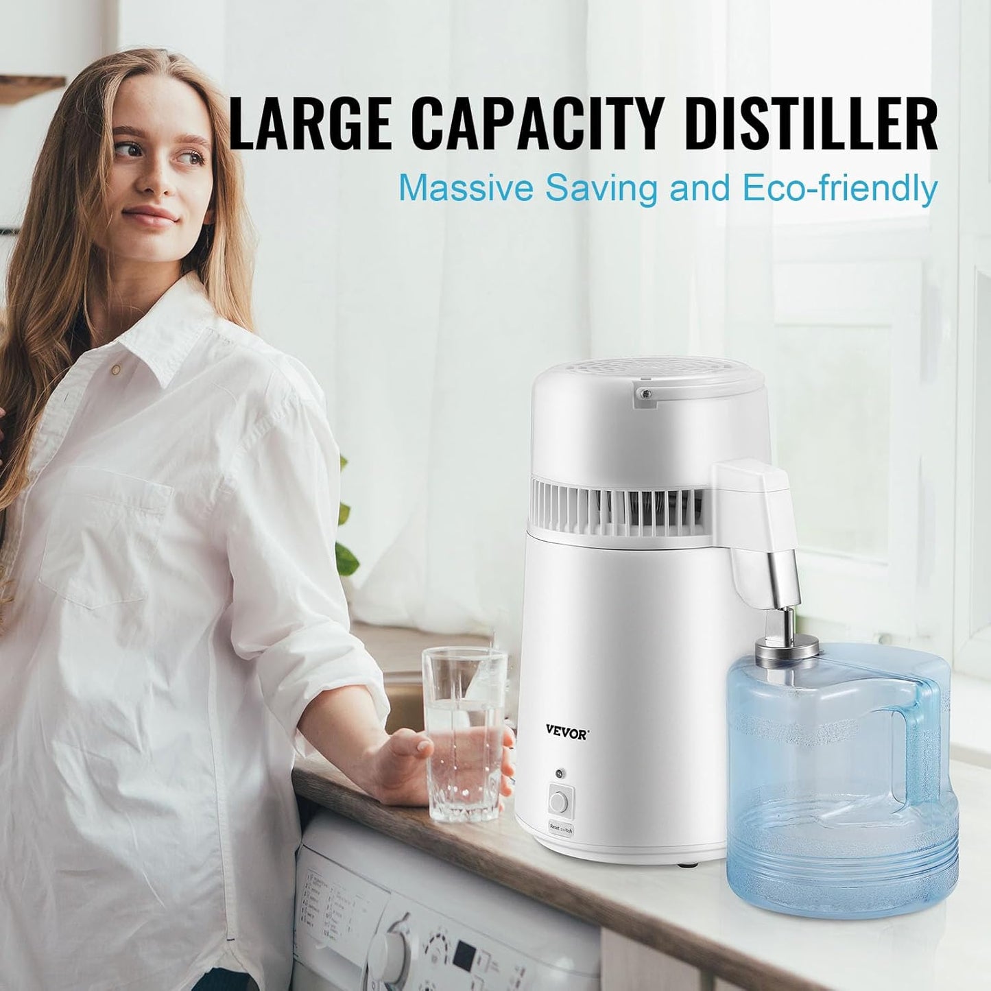VEVOR Water Distiller, 1.1 Gal Distilled Water Machine, 750W Pure Water Distilling w/BPA Free Plastic Container, Water Distillation Kit w/Button, Countertop Distilled Water Maker for Home, White