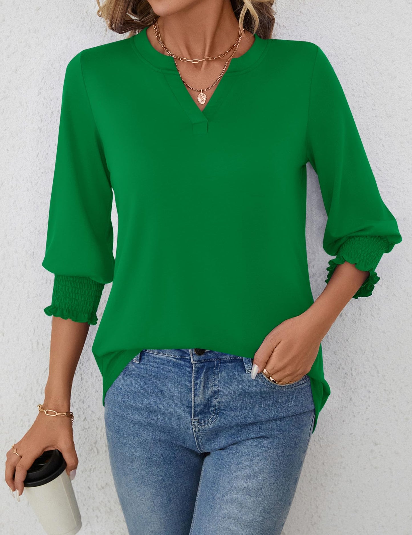 LOMON Blouses for Women Dressy Casual 3/4 Sleeve Tops for Women V Neck T Shirt Ladies Tops and Blouses Orange Blue Print L