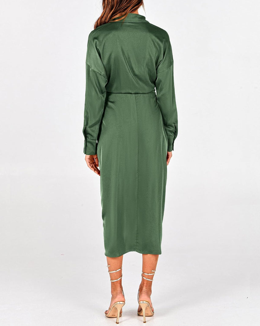 BTFBM Summer Dresses for Women 2025 Long Sleeve Lapel V Neck Button Down Elegant Belted Ruched Satin Shirt Fall Dress