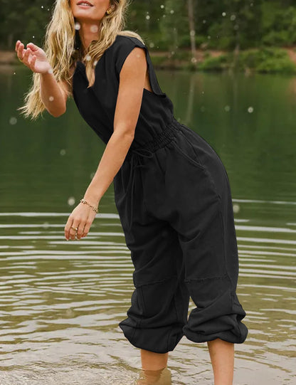 Flygo Womens Casual Jumpsuit Crewneck Cap Sleeve Long Wide Leg Pants One Piece Outfits Drawstring Romper with Pockets(LightGrey-M)