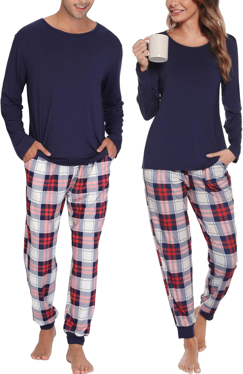 SWOMOG Couples Pajama Sets Women & Men Long Sleeve Sleepwear Top Plaid Pants Loungewear Set with Pockets