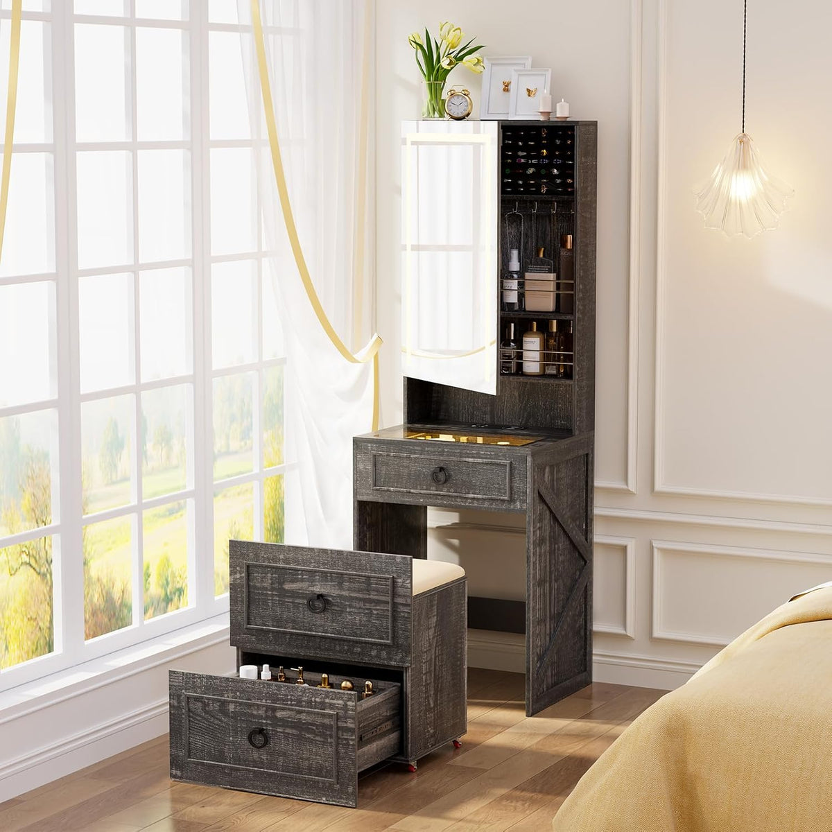Gurexl 3 in 1 Small Vanity Desk with Lights and Mirror,Tall Lighted Compact Vanity with Charging Station,Makeup Vanity Set with Jewelry Armoire,Glass Top,Wheeled Stool with Storage,3 Drawers